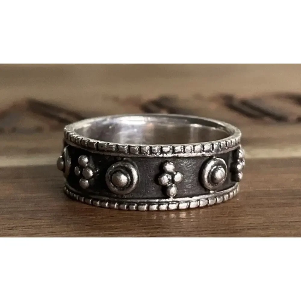 Vintage Sterling Silver Oxidized Floral Beaded Stacking Band Ring Size 6.5